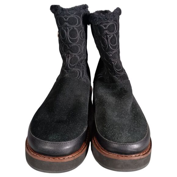 Coach Boots 7 Womens Black Signature Isa Suede Snow Flat Round Toe Low Comfort - Picture 7 of 12